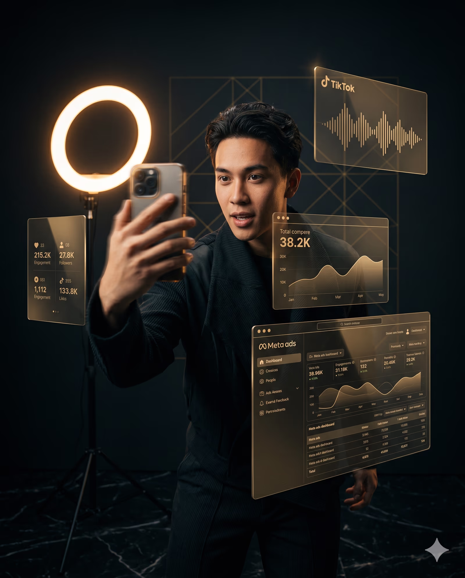 Production content setup mit Smartphone, Licht und Analytics-Overlays