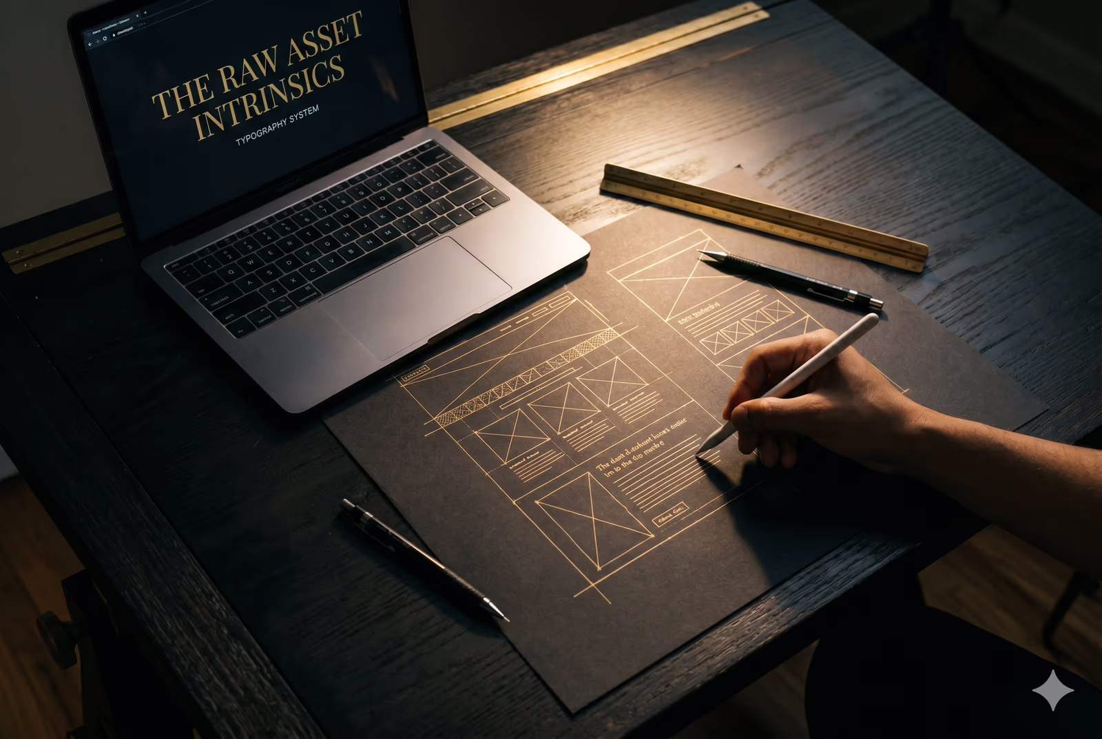 Laptop mit Webdesign-Wireframe und Layout-Skizze
